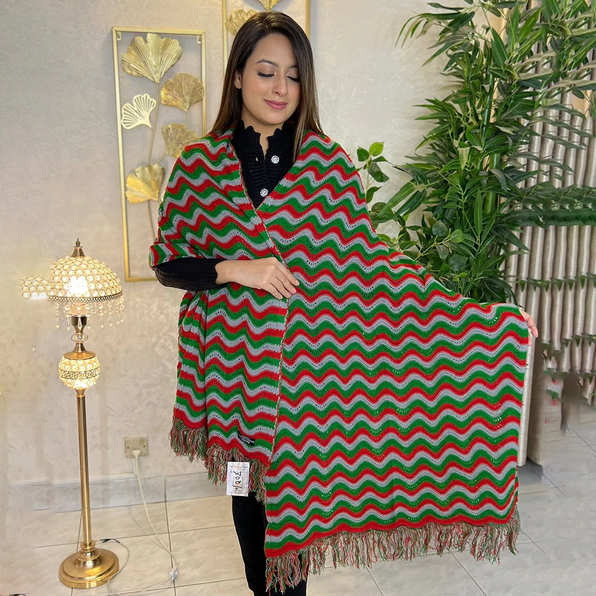 Multicolor Wavy Stripe Knit Shawl with Fringe