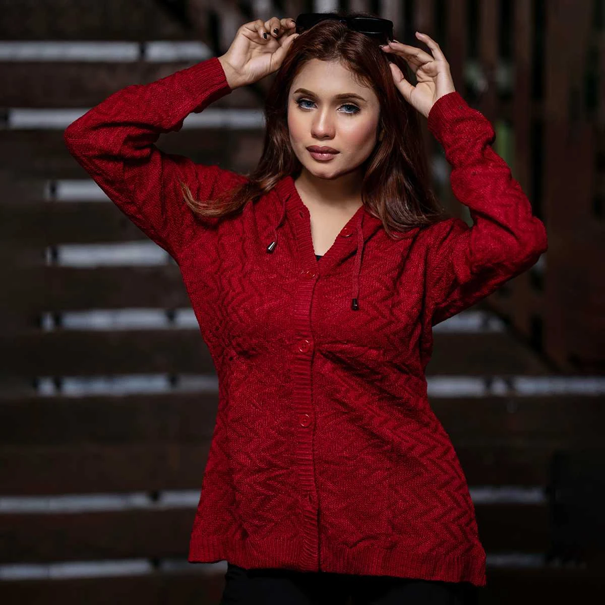 Women’s Maroon Knit Hoodie Cardigan