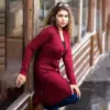 Women Long Maroon Knit Cardigan - Image 2