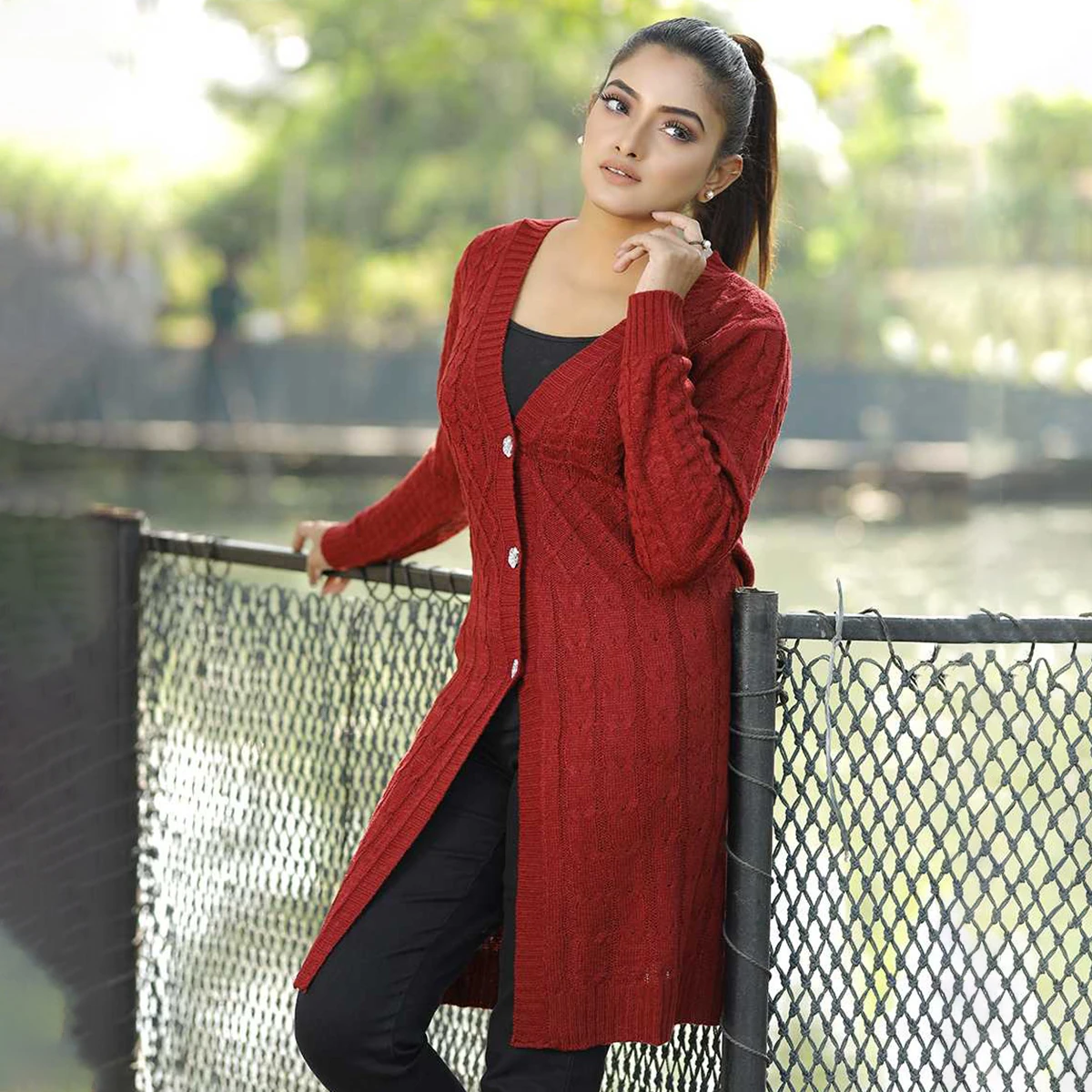 Women’s Long Maroon Knit Cardigan