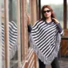 Women's Black & White Striped Knit Poncho - Image 3