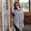Women's Black & White Striped Knit Poncho - Image 5
