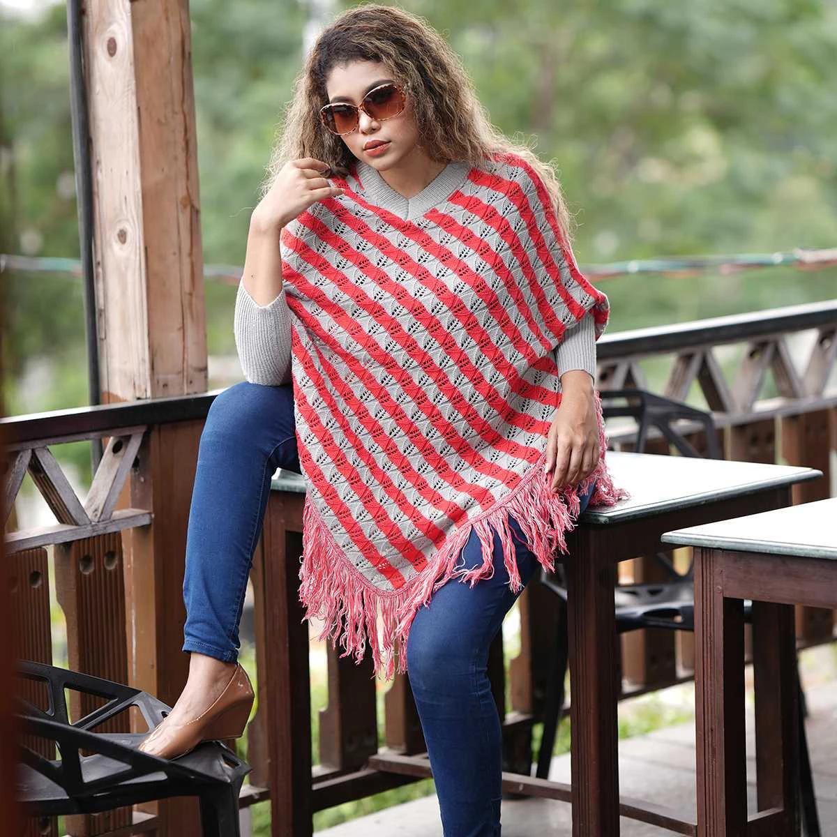 Women's Red & Grey Striped Knit Poncho