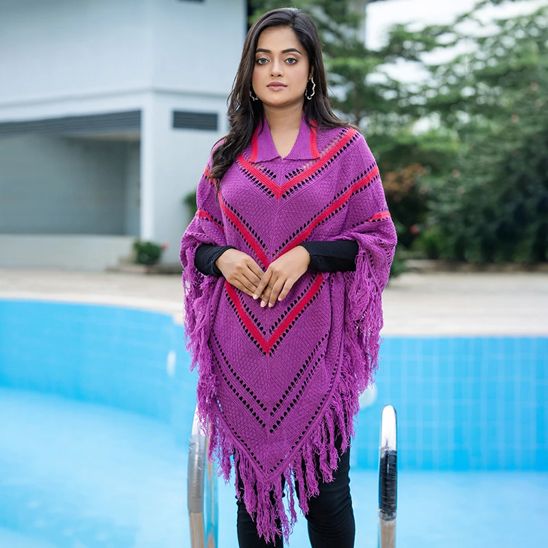 Women's Violet Chevron Fringe Poncho