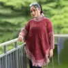 Premium Maroon & White Knit Poncho for Women - Image 3