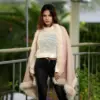 Luxury Beige Fur-Lined Knit Shawl for Women - Image 2
