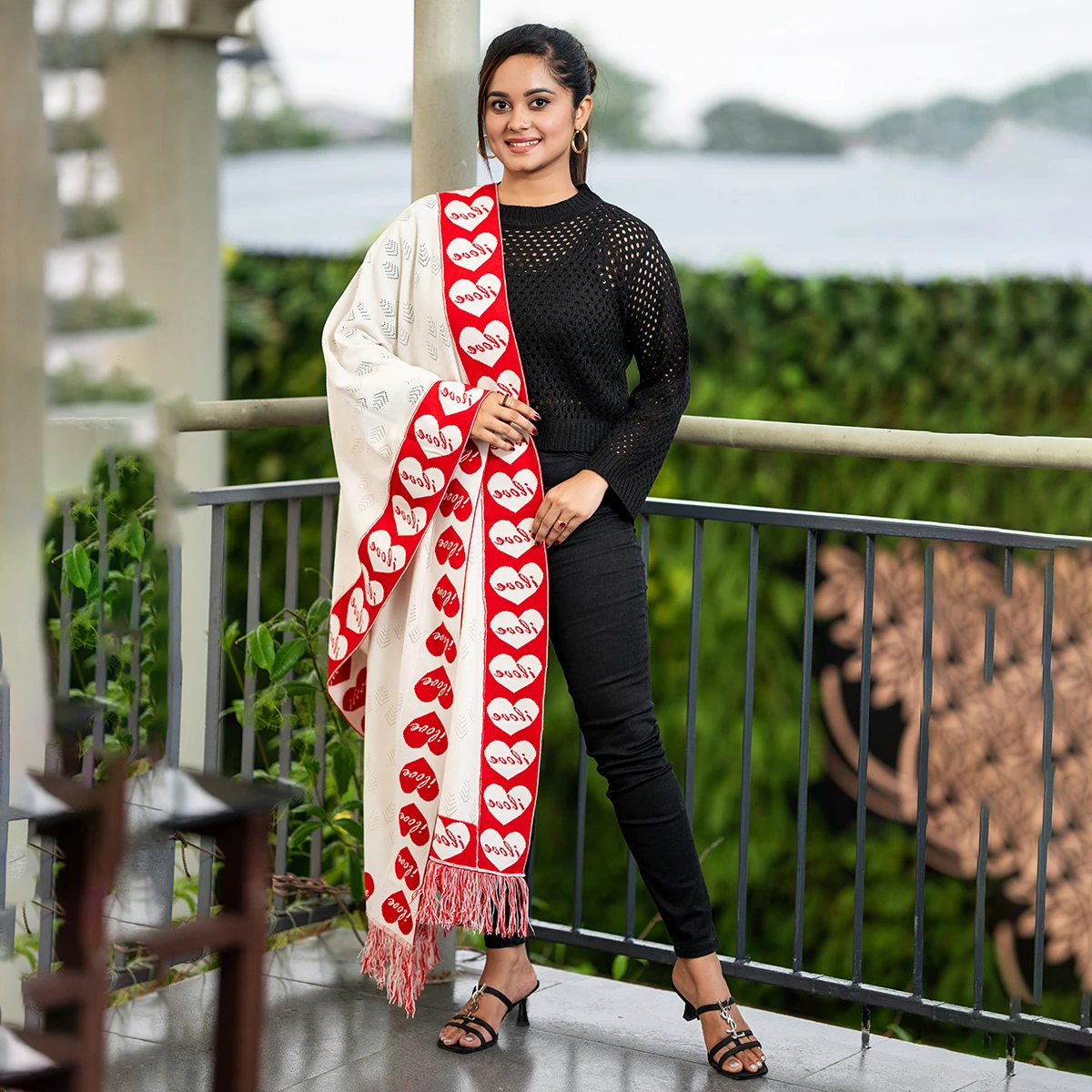 Elegant White & Red Winter Knit Shawl for Women